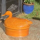 Duck, slip, glazed ceramic terrine, brown, vintage