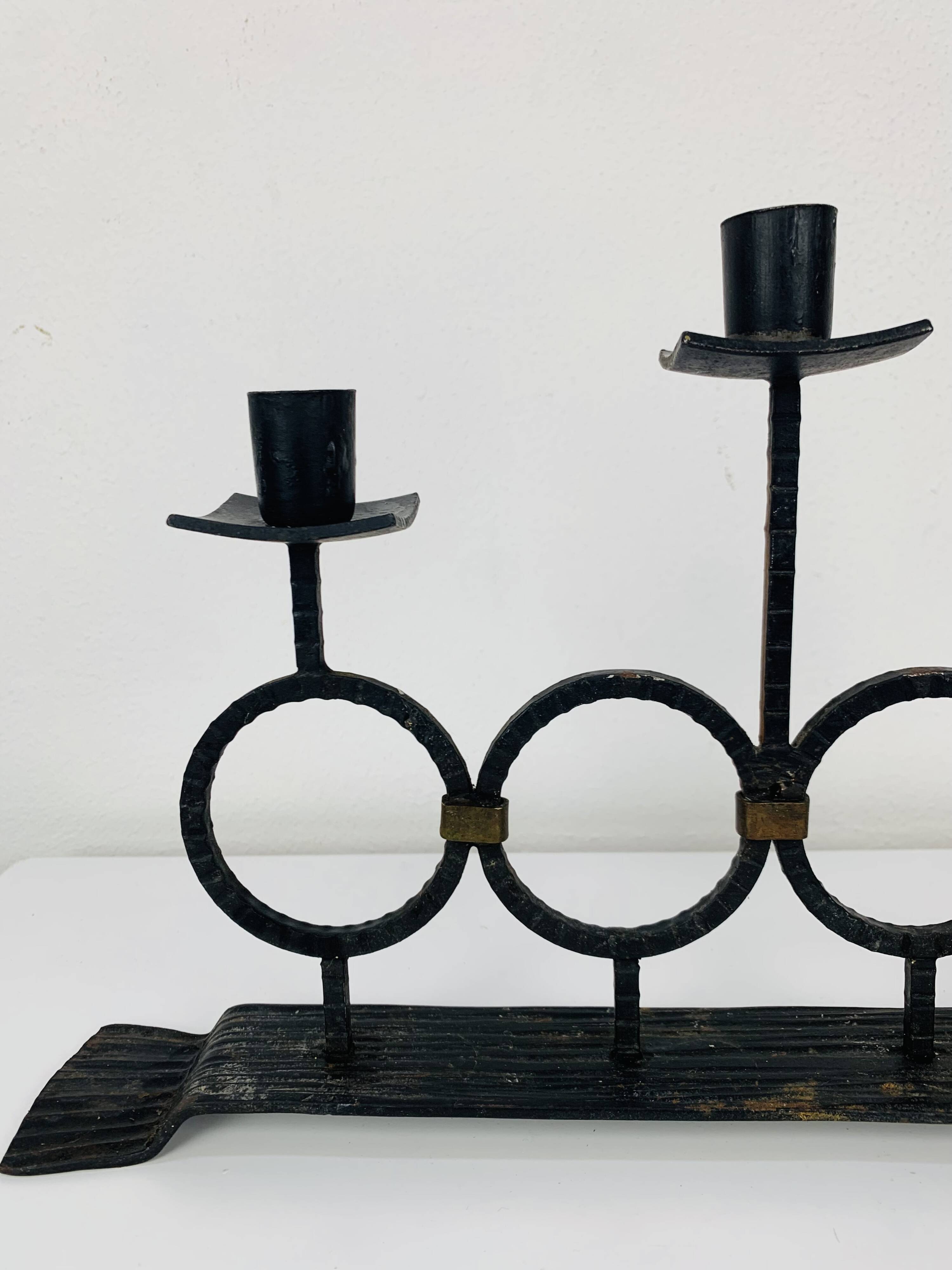 Vintage Brutalist Wrought Iron Triple Candle Holder