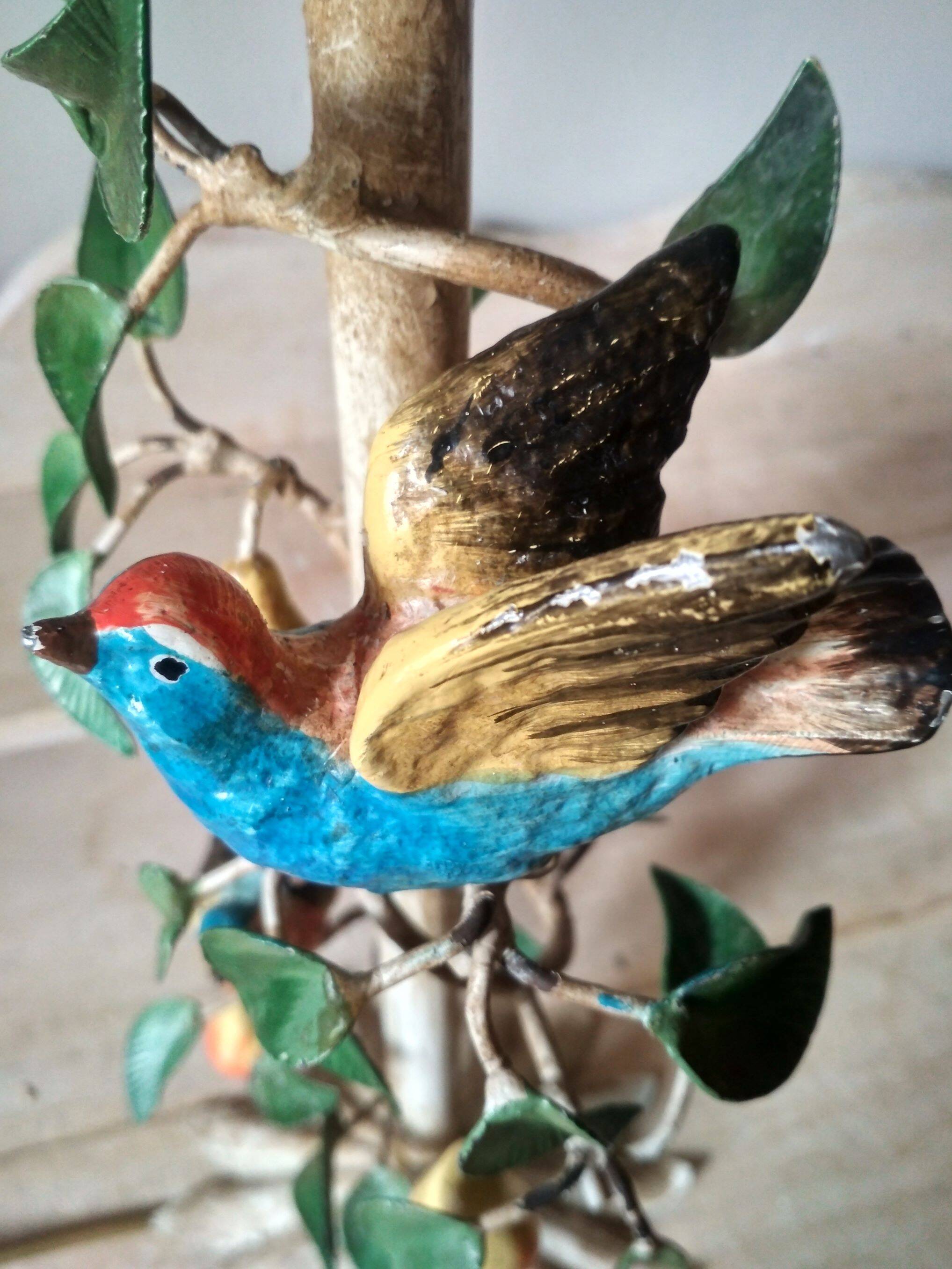 Painted metal candle holder lamp - wrought iron fruit and bird lamp base