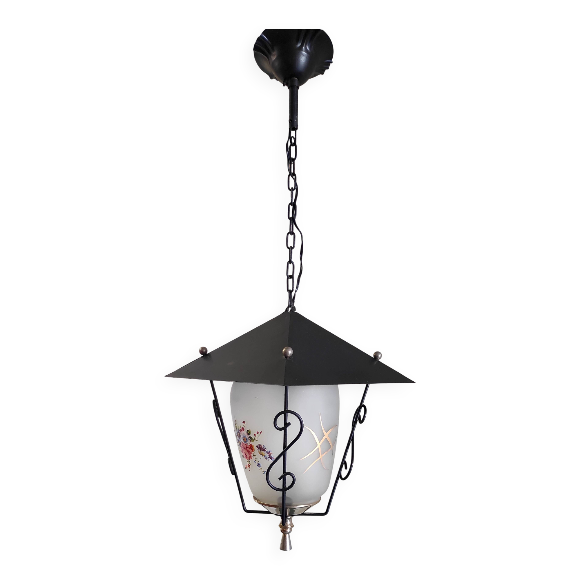 Lantern pendant light in metal, brass and glass - 50s/60s