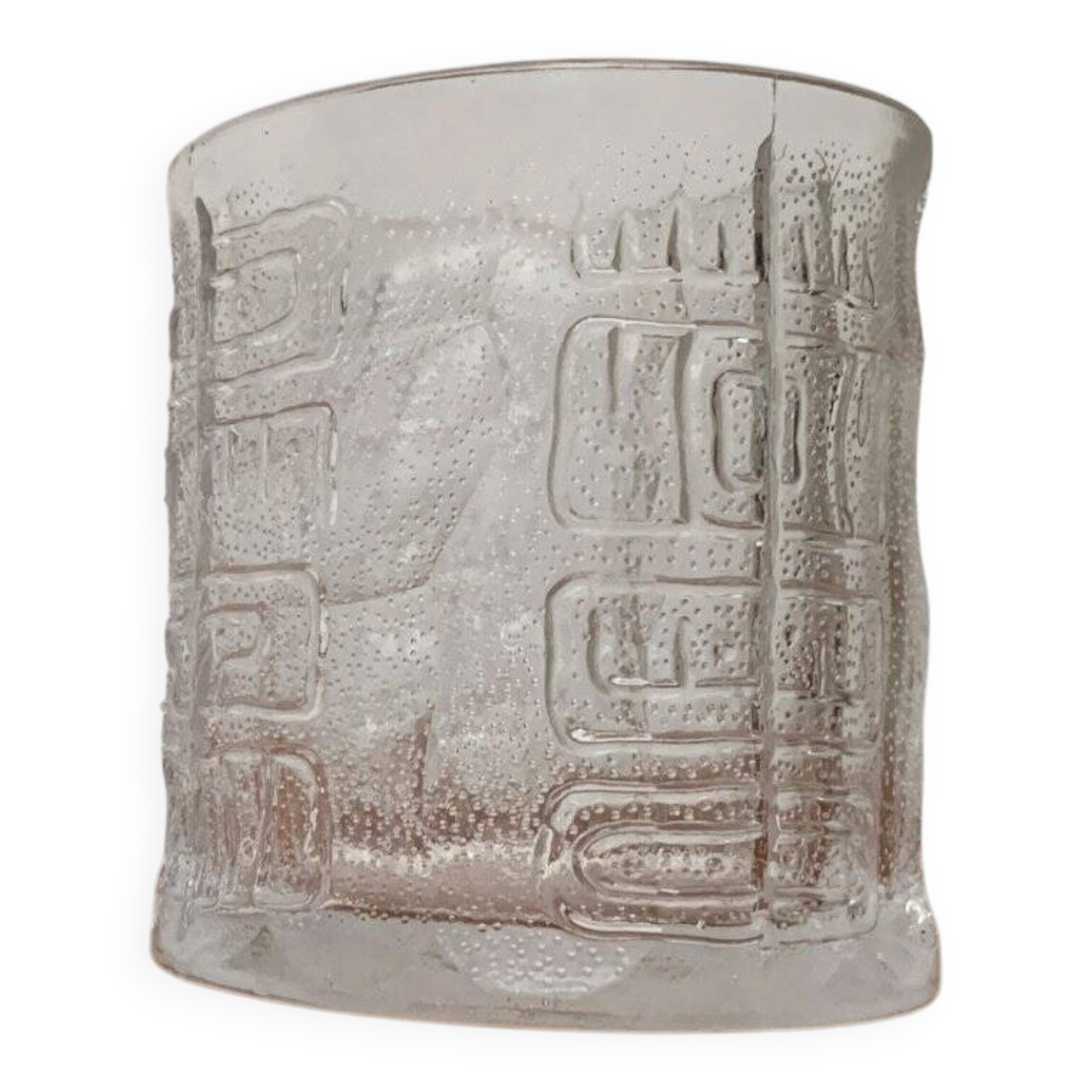 Large vintage glass vase or bowl with South American/Inca ornaments.