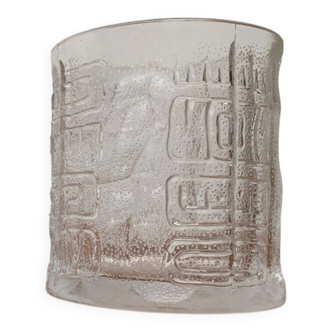 Large vintage glass vase or bowl with South American/Inca ornaments.