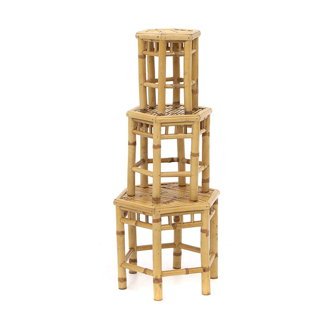 Rattan coffee tables with hexagonal tops, 1970s, set of 3.