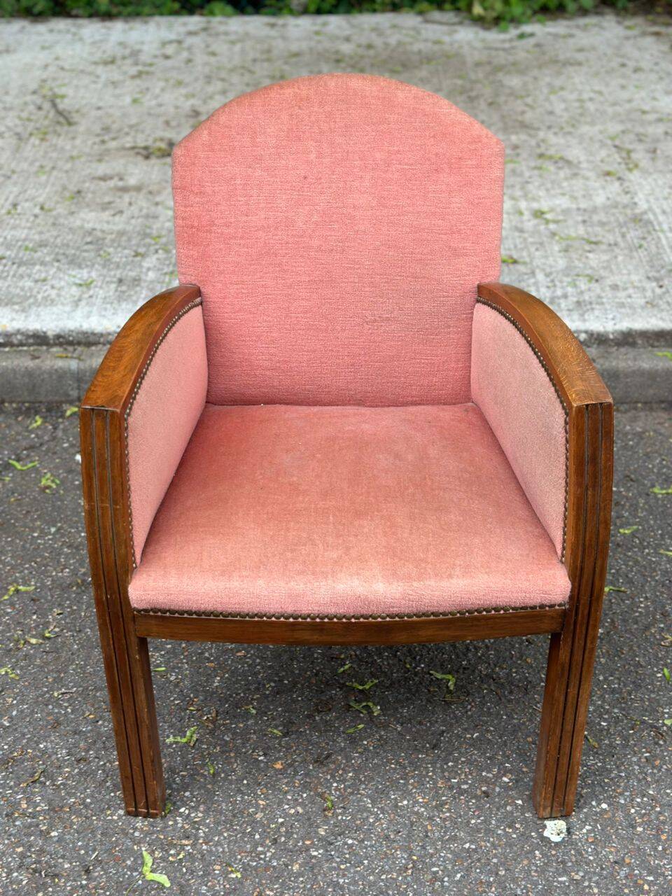 Art Deco bridge armchair in solid oak and salmon pink velvet, 1960.