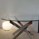 Table basse ronde Space Age acier chromé, verre, piètement hélice 70s