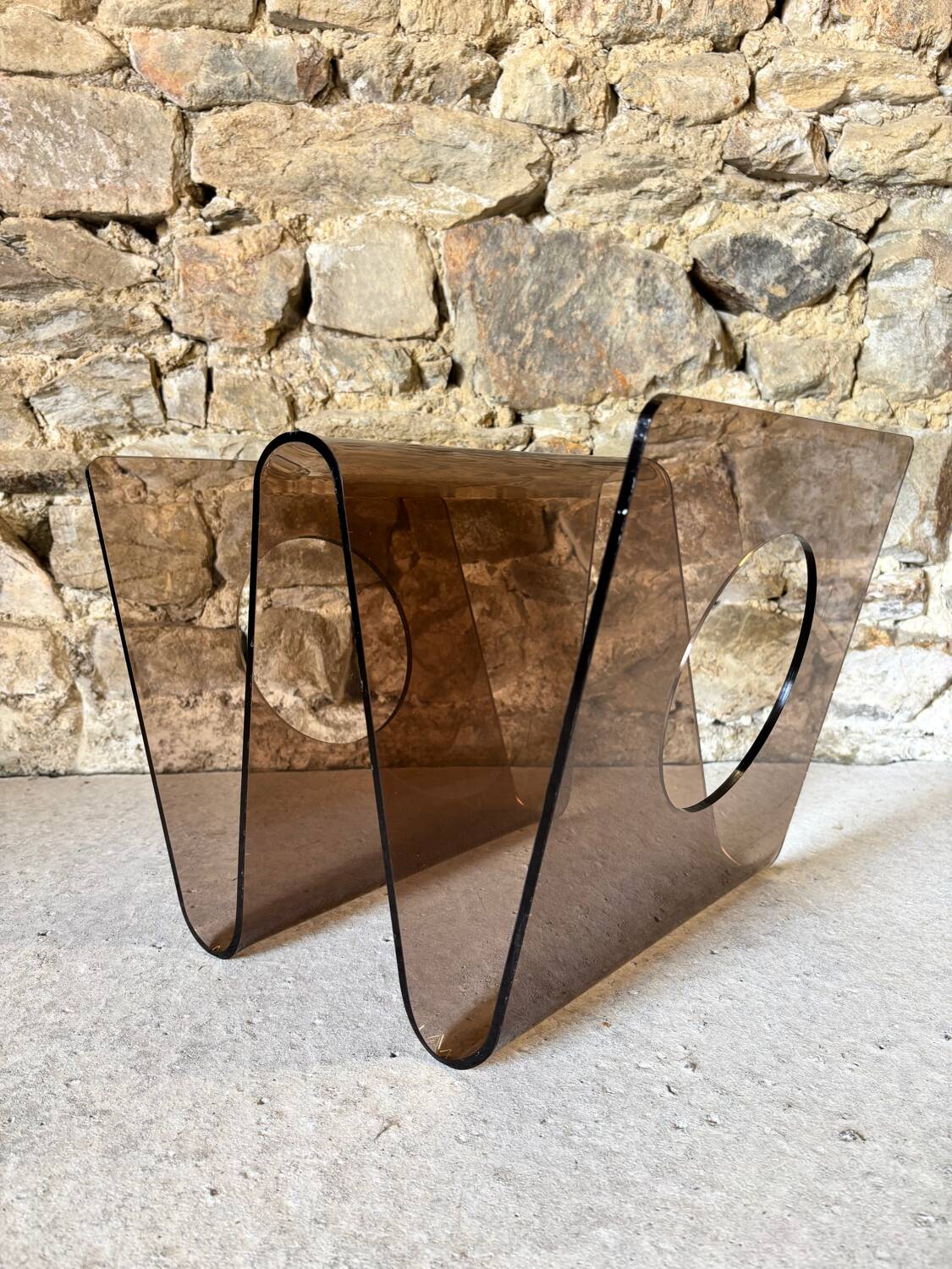 Smoked Plexiglas magazine rack by Michel Dumas for Roche Bobois 1970