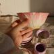 Vintage pink and mauve floral slip tea set - 8 pieces - Cottage core