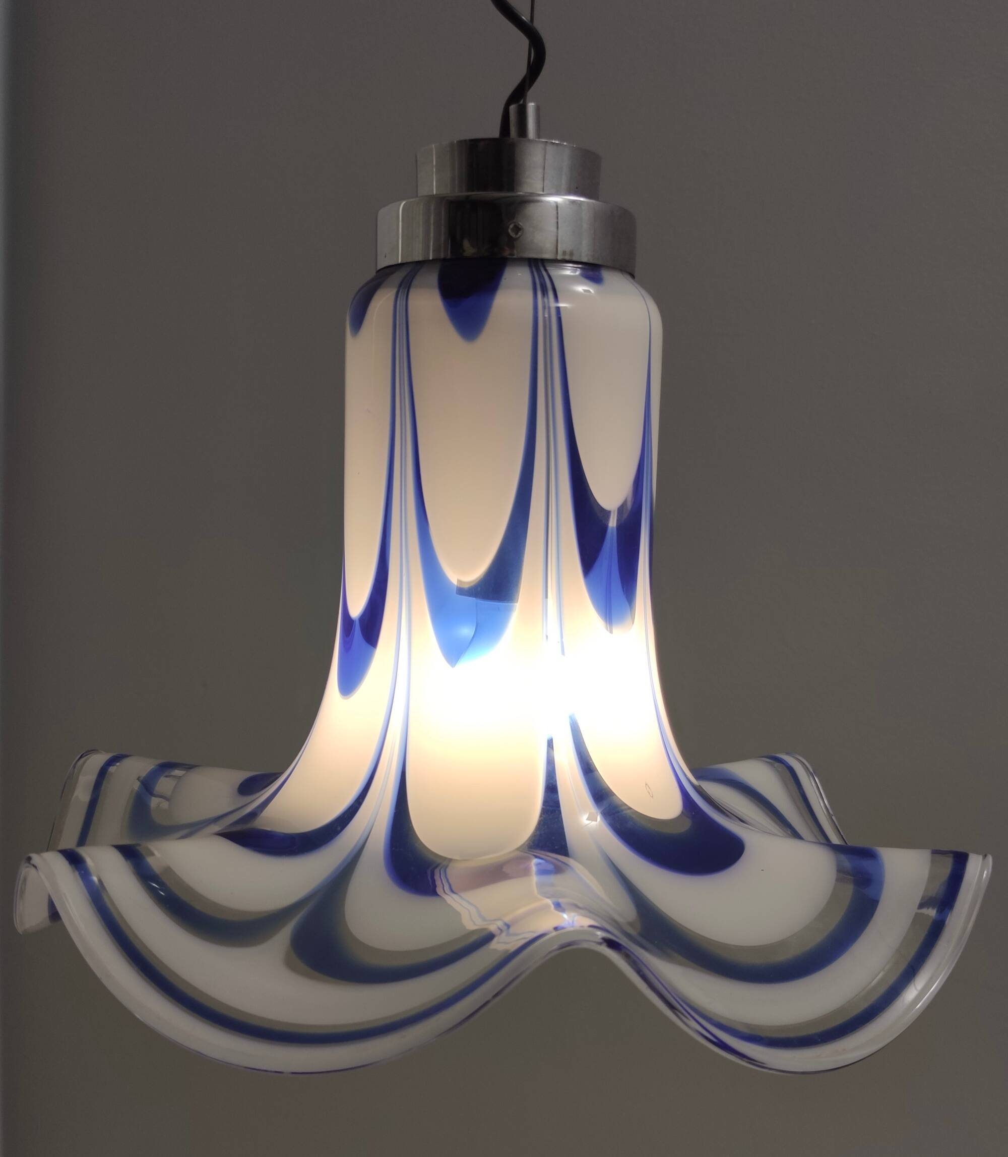 Blue & White Murano Glass Bell Pendant Ascribable to Mazzega, Italy, 1970s