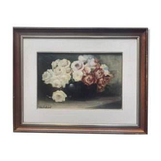 Painting bouquet of roses signed Dworak early 20th + Post Impressionist frame
