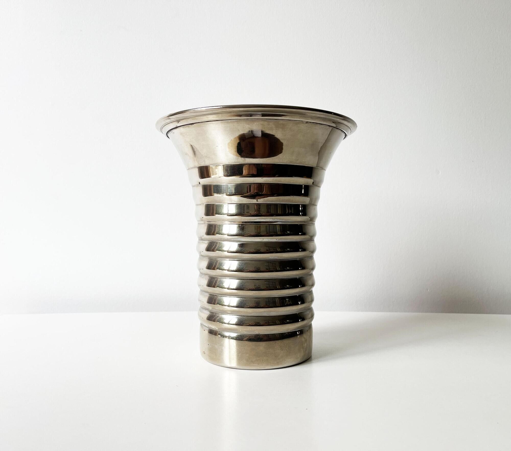 Vintage modernist striped polished aluminium vase