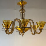 Venetian lustre in brown and yellow Murano glass, circa 1940.
