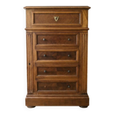 Antique walnut chest of drawers with herringbone veneer.