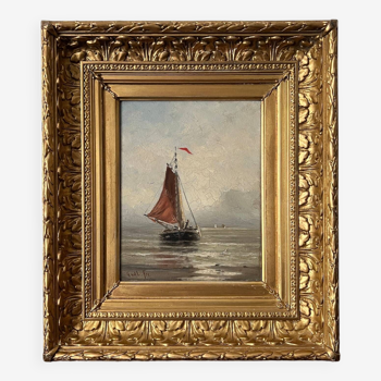 19th Century Continental Moonlit Seascape With Sailboat, Signed (Gold Gesso and Wood Frame)