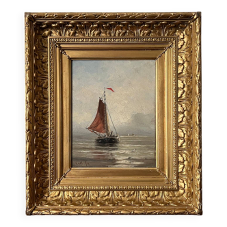 19th Century Continental Moonlit Seascape With Sailboat, Signed (Gold Gesso and Wood Frame)