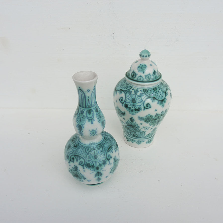 Antique vase & pot in green Delftware