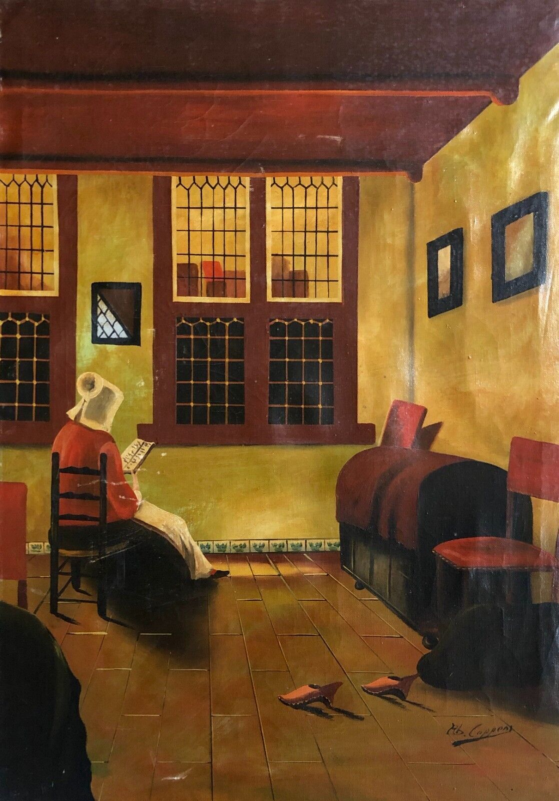 Mid century signed painting with Flemish interior
