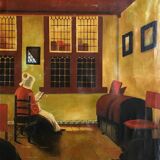 Mid century signed painting with Flemish interior