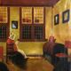 Mid century signed painting with Flemish interior