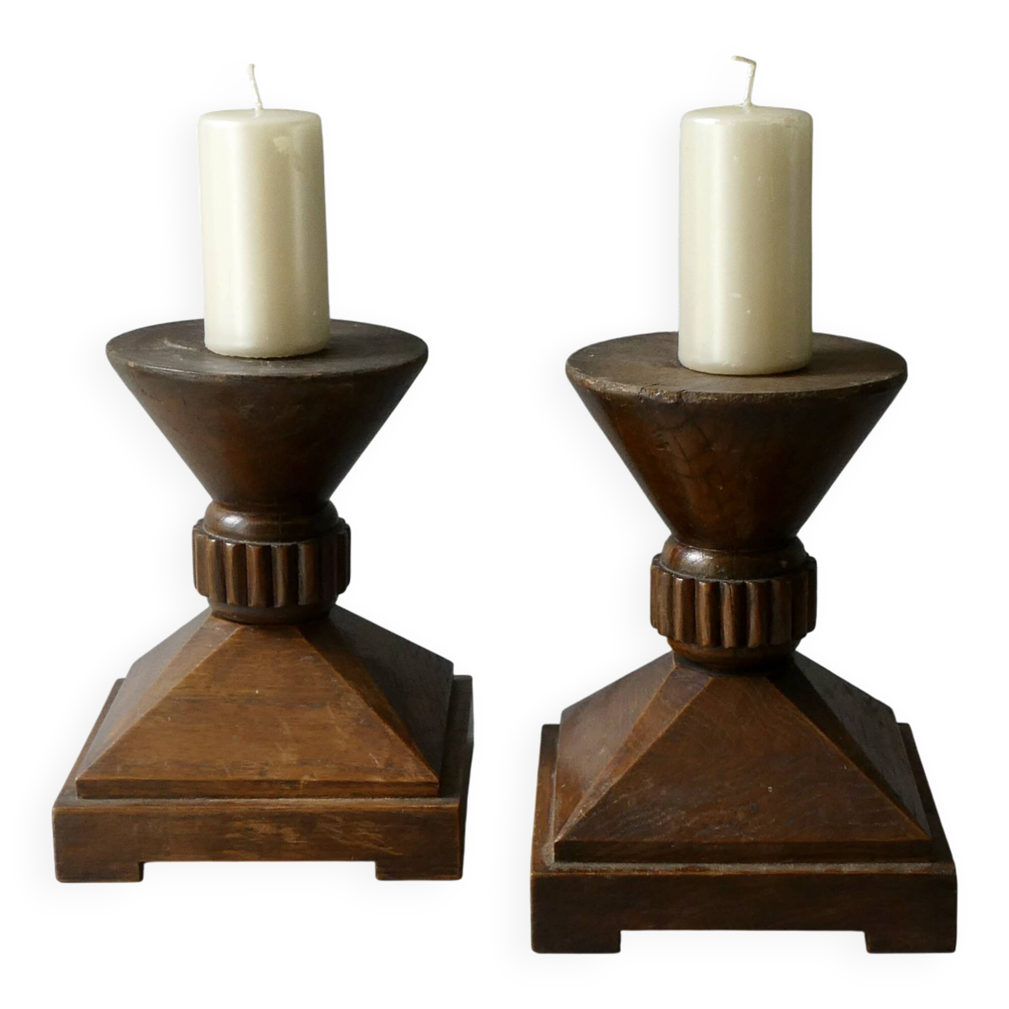 Pair of solid wood candlesticks, sculpted, brutalist