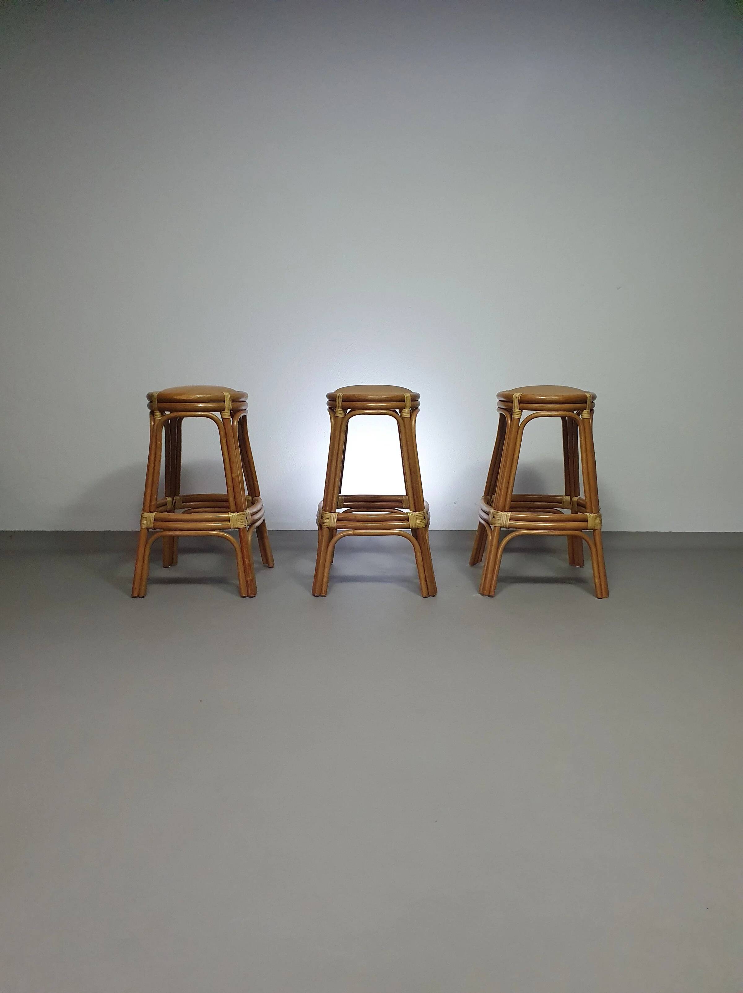 3 x bamboo stool with leather laces / 70s