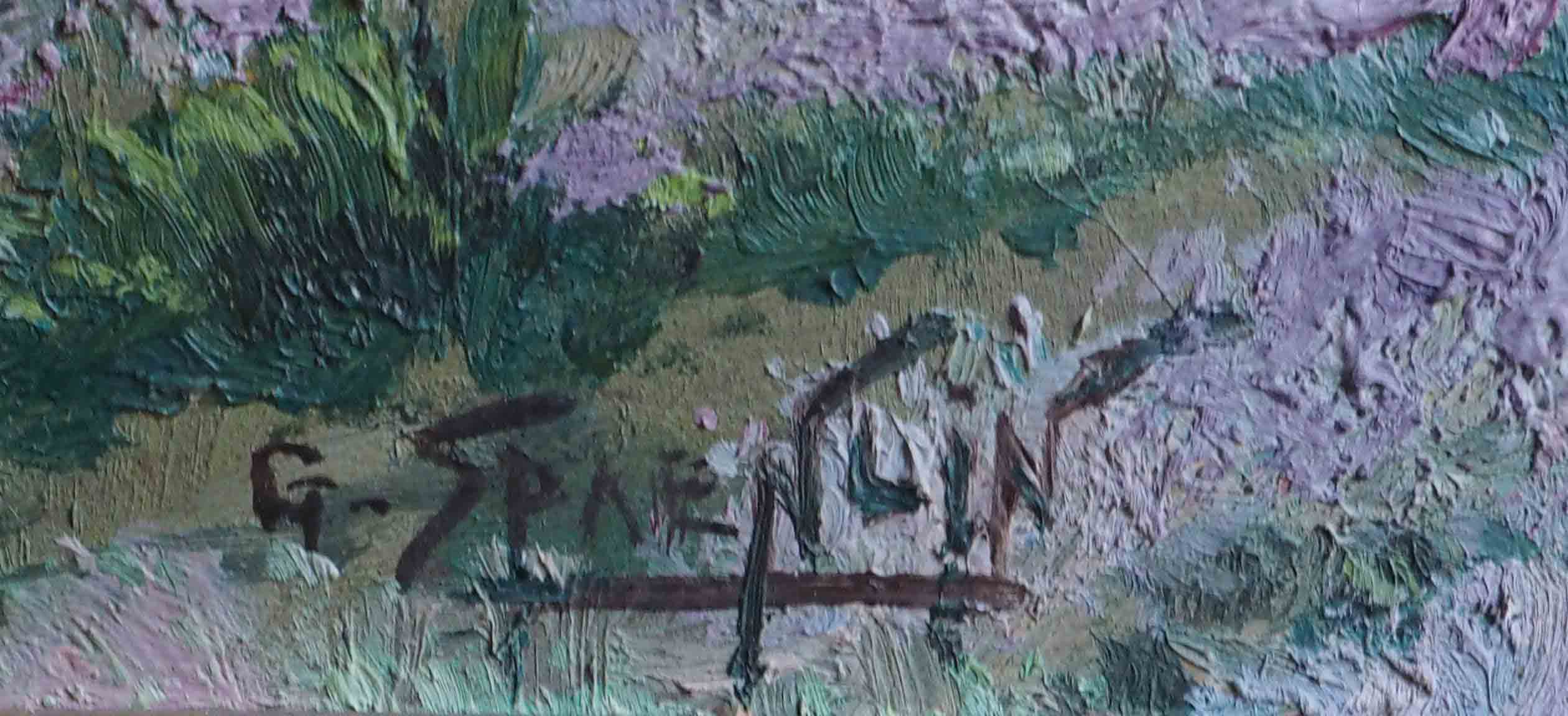 Painting heather landscape with mountain and village signed cf. anglade