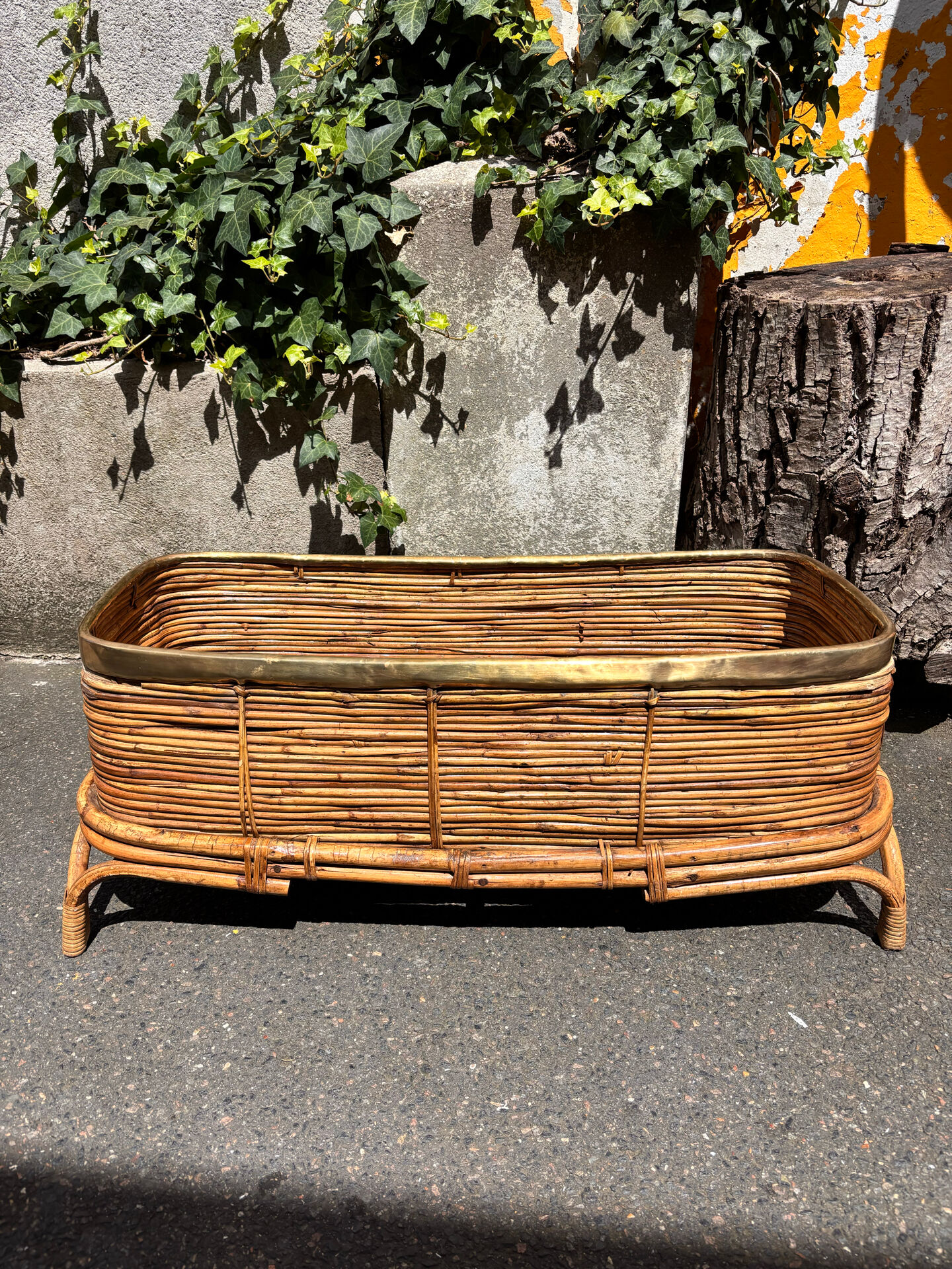 Rattan and bamboo planter, 60s, Gabriella Crespi style. Rare.