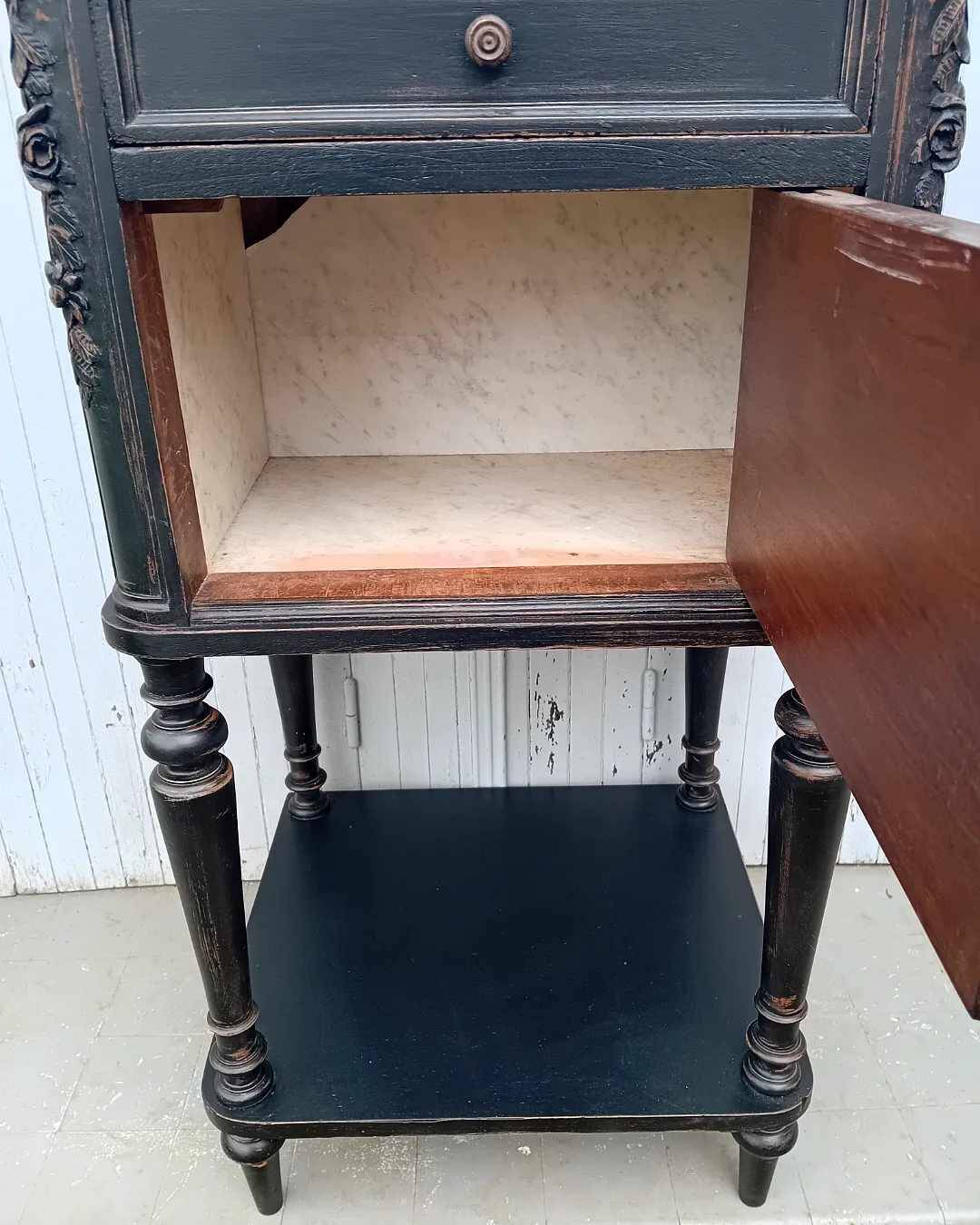 Romantic black bedside table with patinated marble and wood