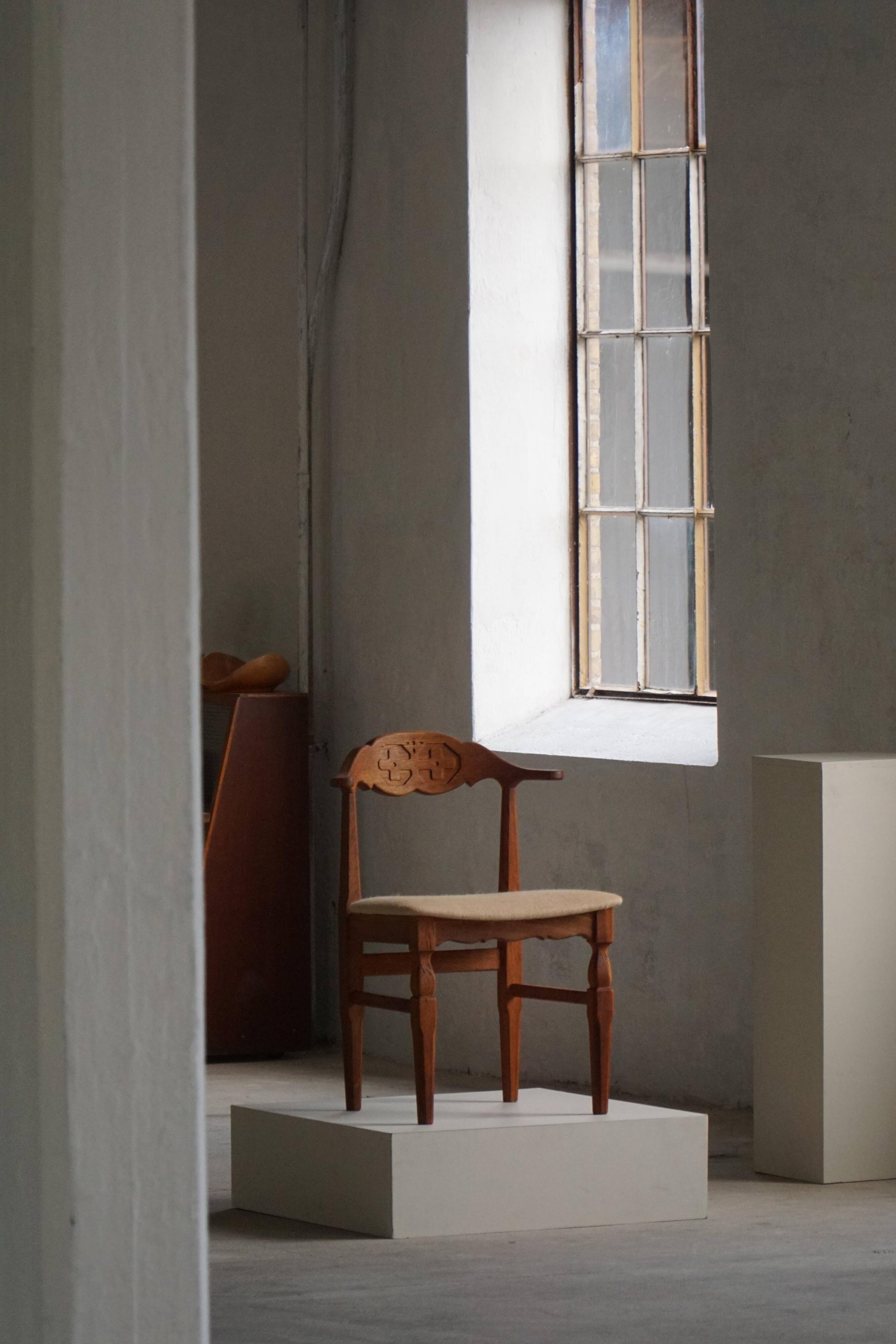 Henning Kjærnulf, set of 8 oak chairs with jute fabric, mid-century Danish, 1960s.
