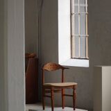 Henning Kjærnulf, set of 8 oak chairs with jute fabric, mid-century Danish, 1960s.