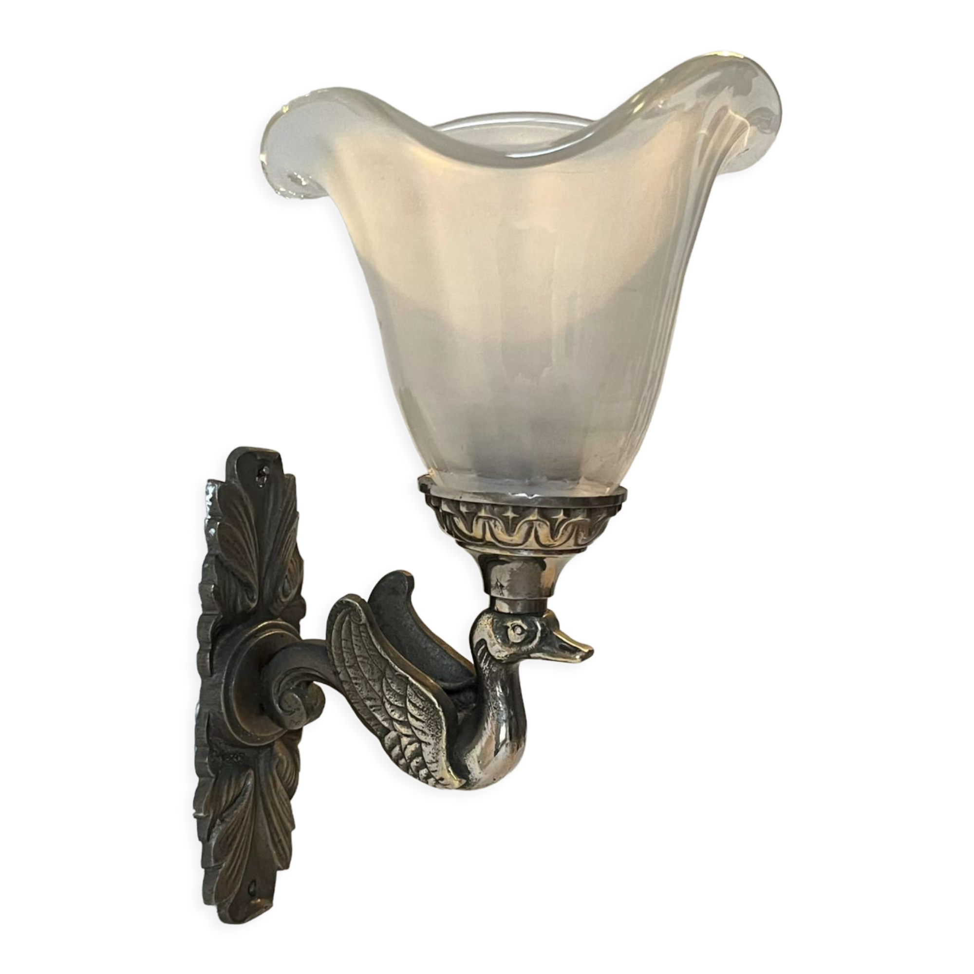 Applique Empire en bronze argent triton cygne et tulipe en pâte de verre italienne 1900 art déco