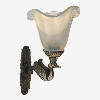 Empire wall lamp in bronze silver triton swan and tulip in Italian glass paste 1900 art deco