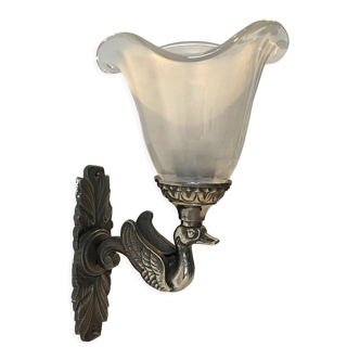 Empire wall lamp in bronze silver triton swan and tulip in Italian glass paste 1900 art deco