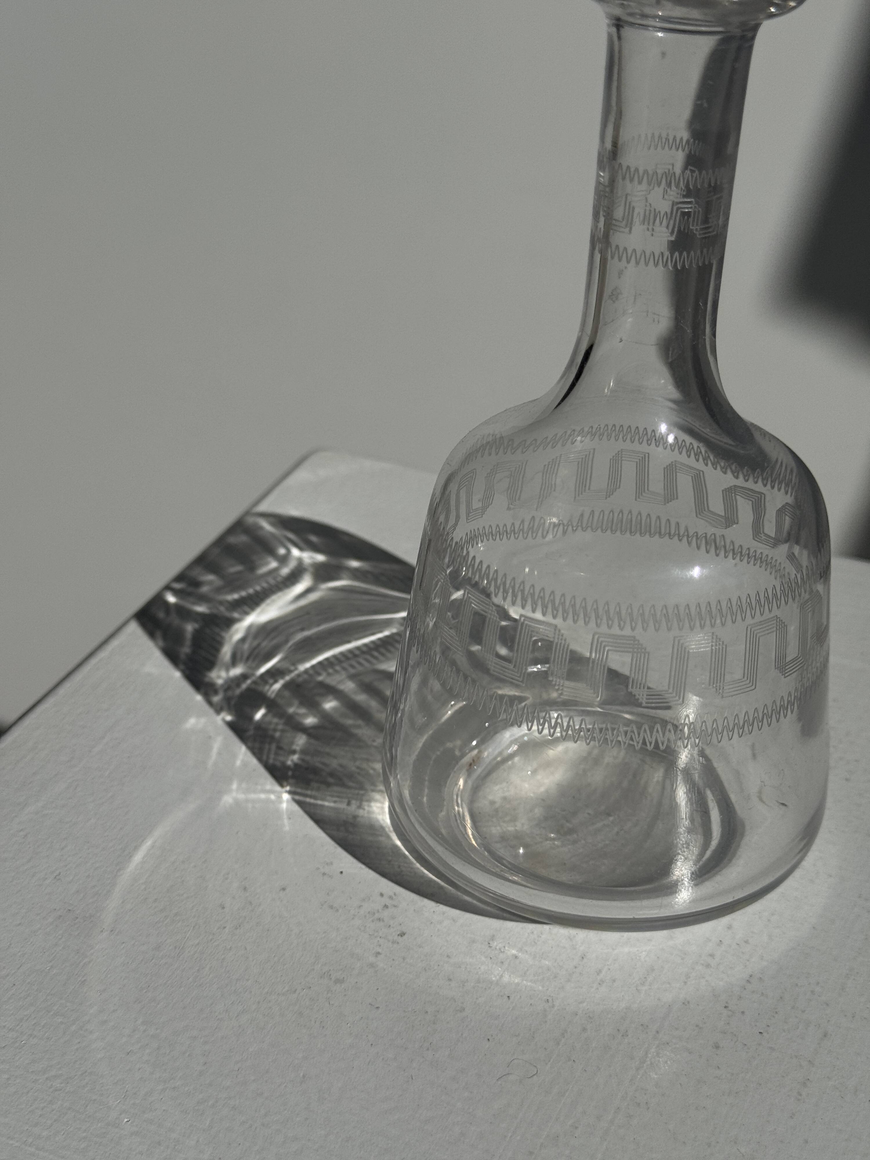 Small glass bottle vase with engraved geometric patterns vintage H16.5