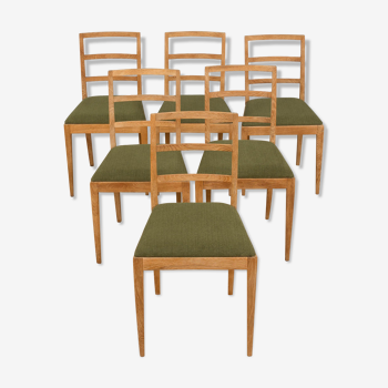Set of 6 Fritz Hansen Danish mid century ladder back dining chairs in sanded oak with new forest gre