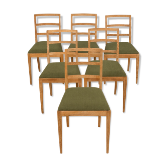 Set of 6 Fritz Hansen Danish mid century ladder back dining chairs in sanded oak with new forest gre
