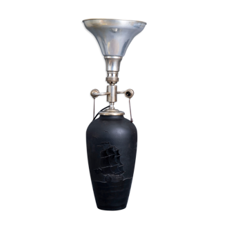 An Art Deco-style glass lamp vase engraved with a marine decoration and a 'Luminator françe' frame