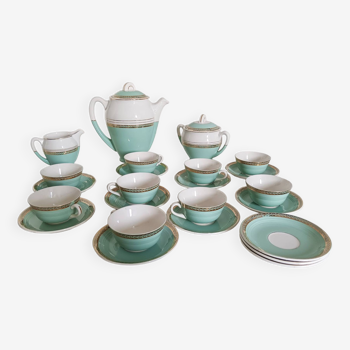 Céranord coffee and tea service in celadon green semi-porcelain with gold edging, 1940s-1950s