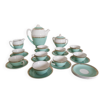 Céranord coffee/tea service in semi-porcelain, 40s-50s. Celadon green and gold edging.