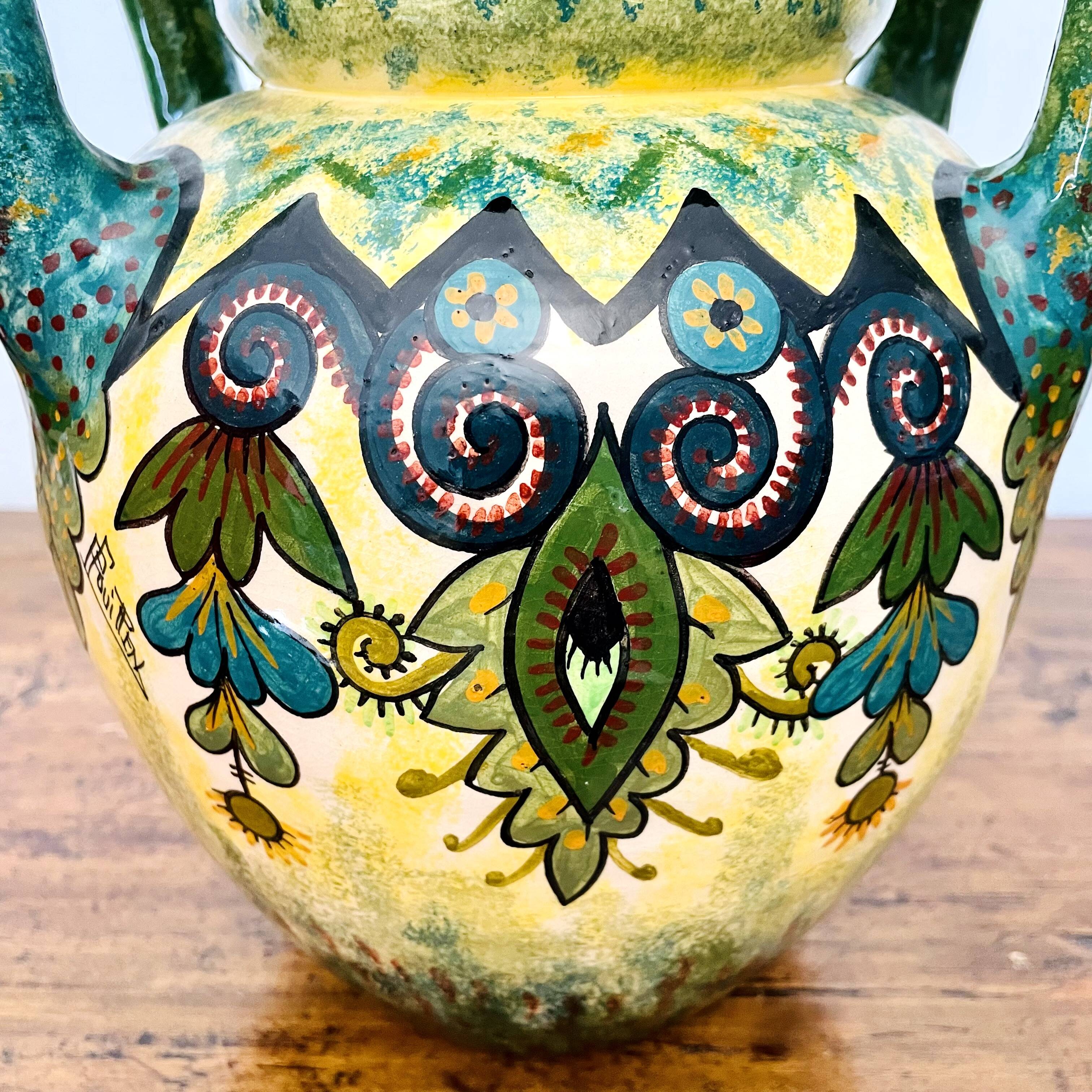 Sublime vase signed Paul Fouillen with yellow and green handles 1940