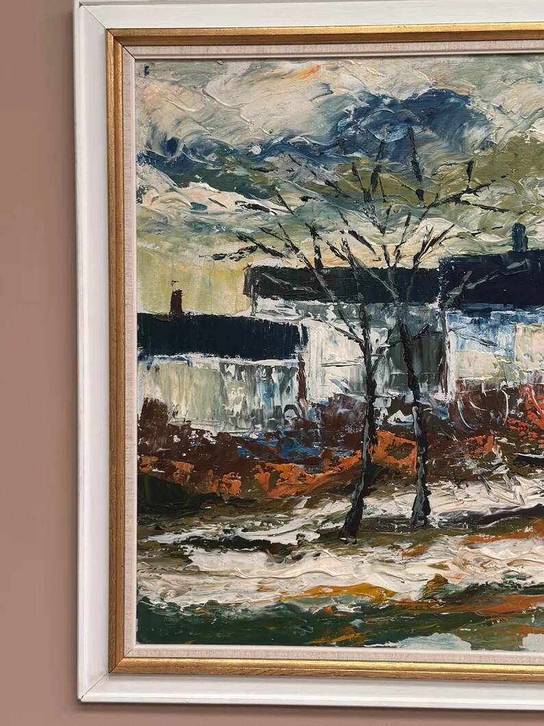 Large Original Swedish Oil on Panel – “Landscape with Houses and Trees” by Stig Hallblom – Signed – Vintage & Framed 90×59.5cm (35.4"×23.4")