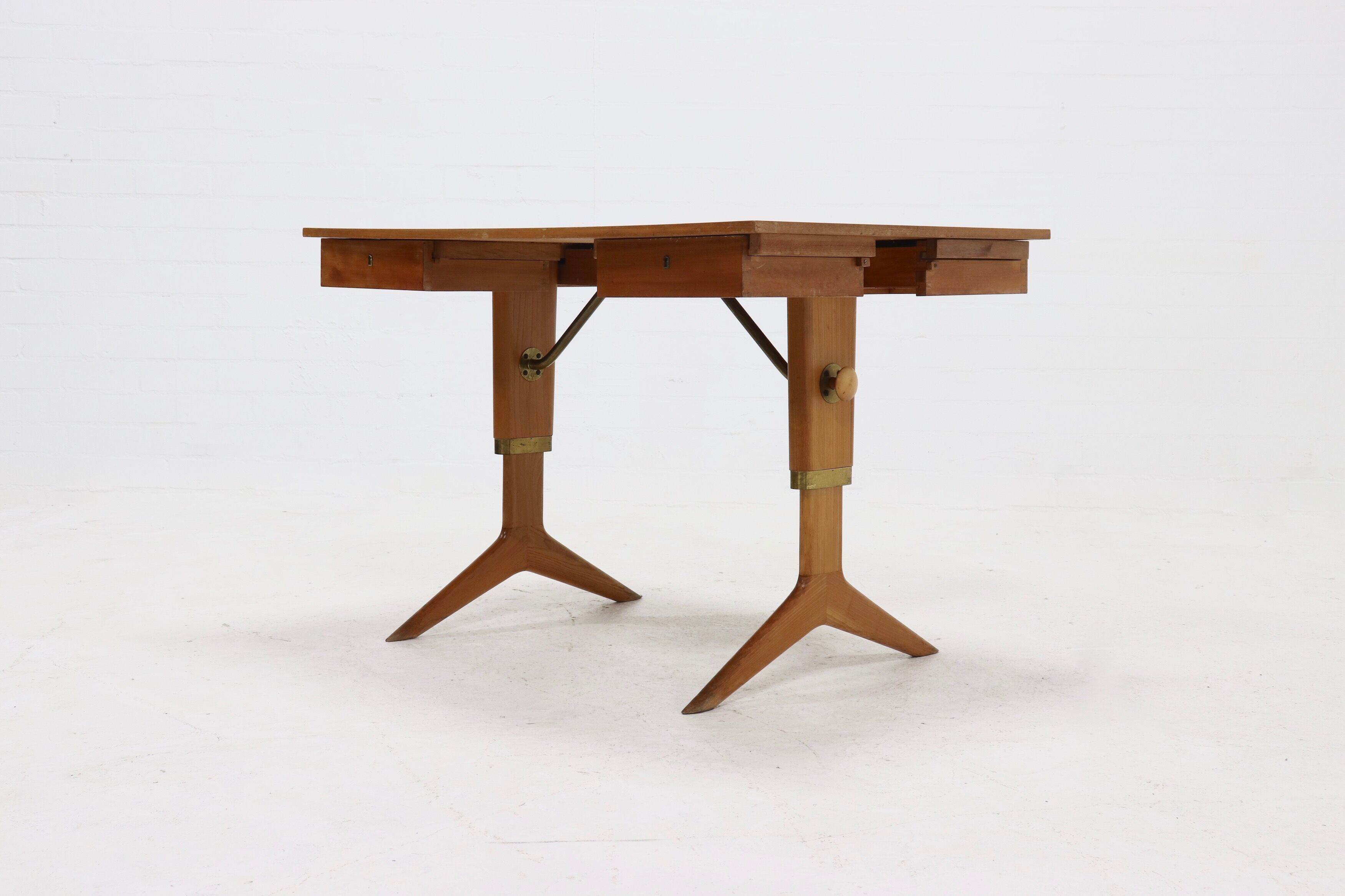 Height adjustable birch and brass partner desk 1960s