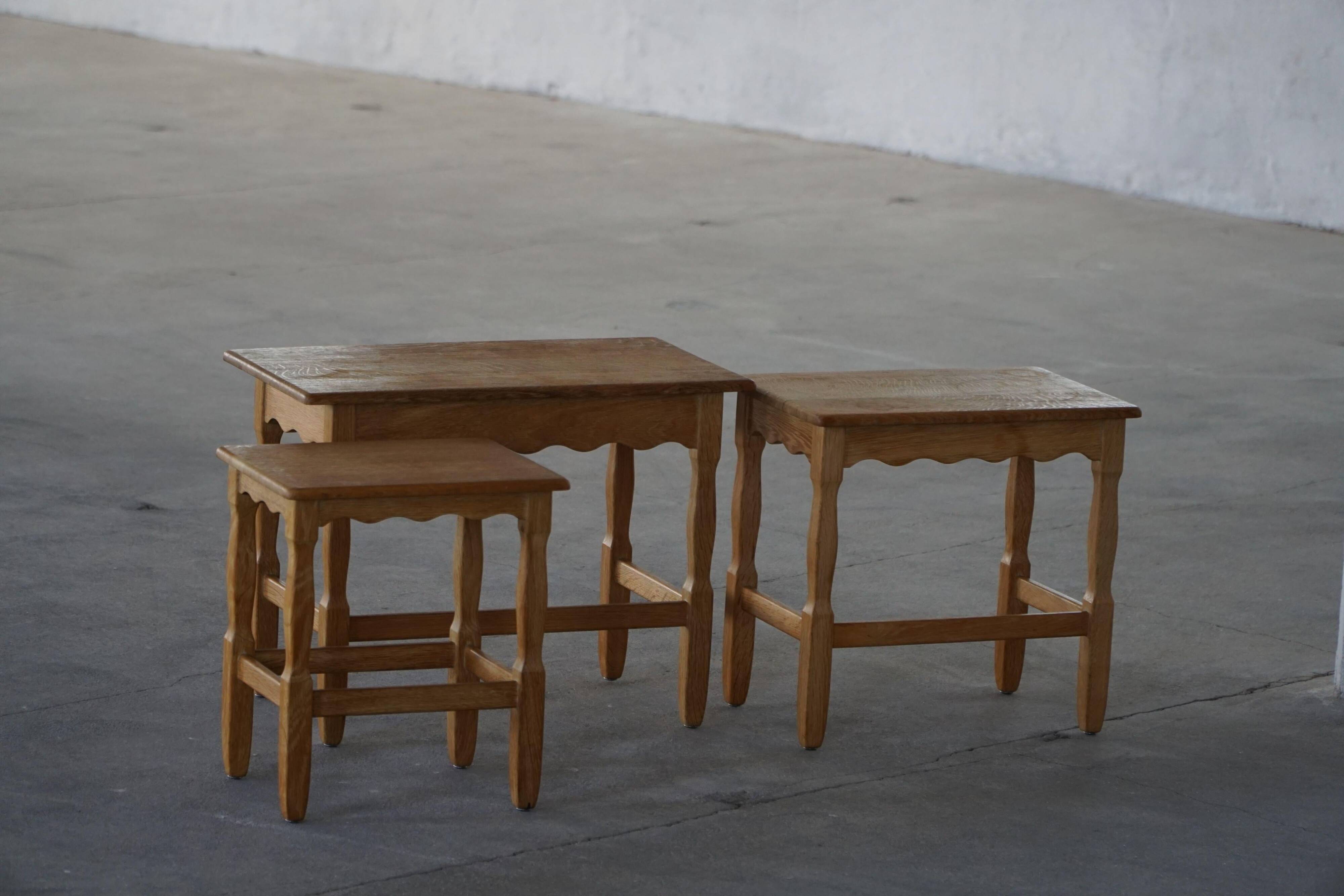 Nesting tables in oak, made by a Danish cabinetmaker, mid-century modern, 1960s.
