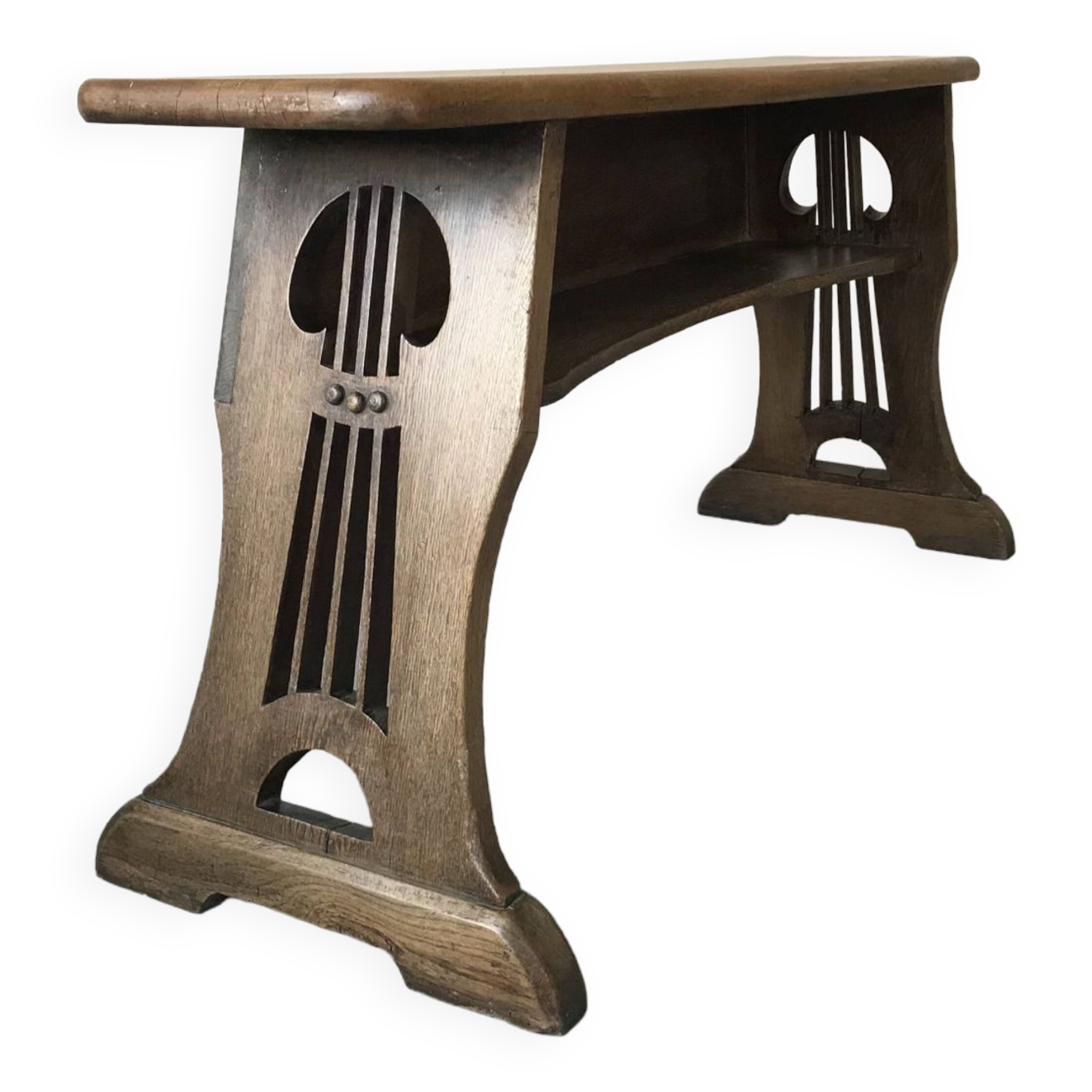 Art and Crafts style organ bench in solid oak.