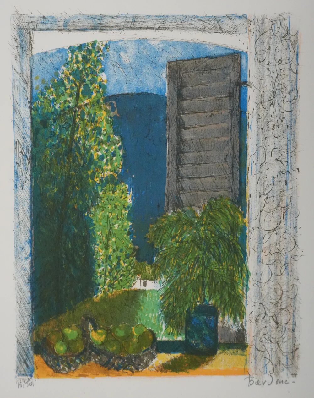Guy Bardone: Window with Fruits, signed original lithograph.