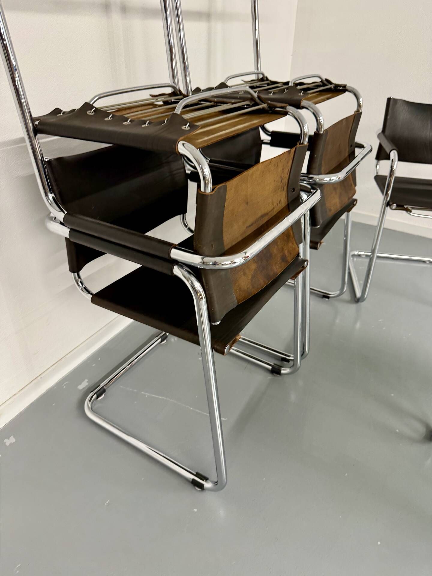 Lot of 5 tubular metal leather chairs designed by Mart Stam, Bauhaus, 1970s.
