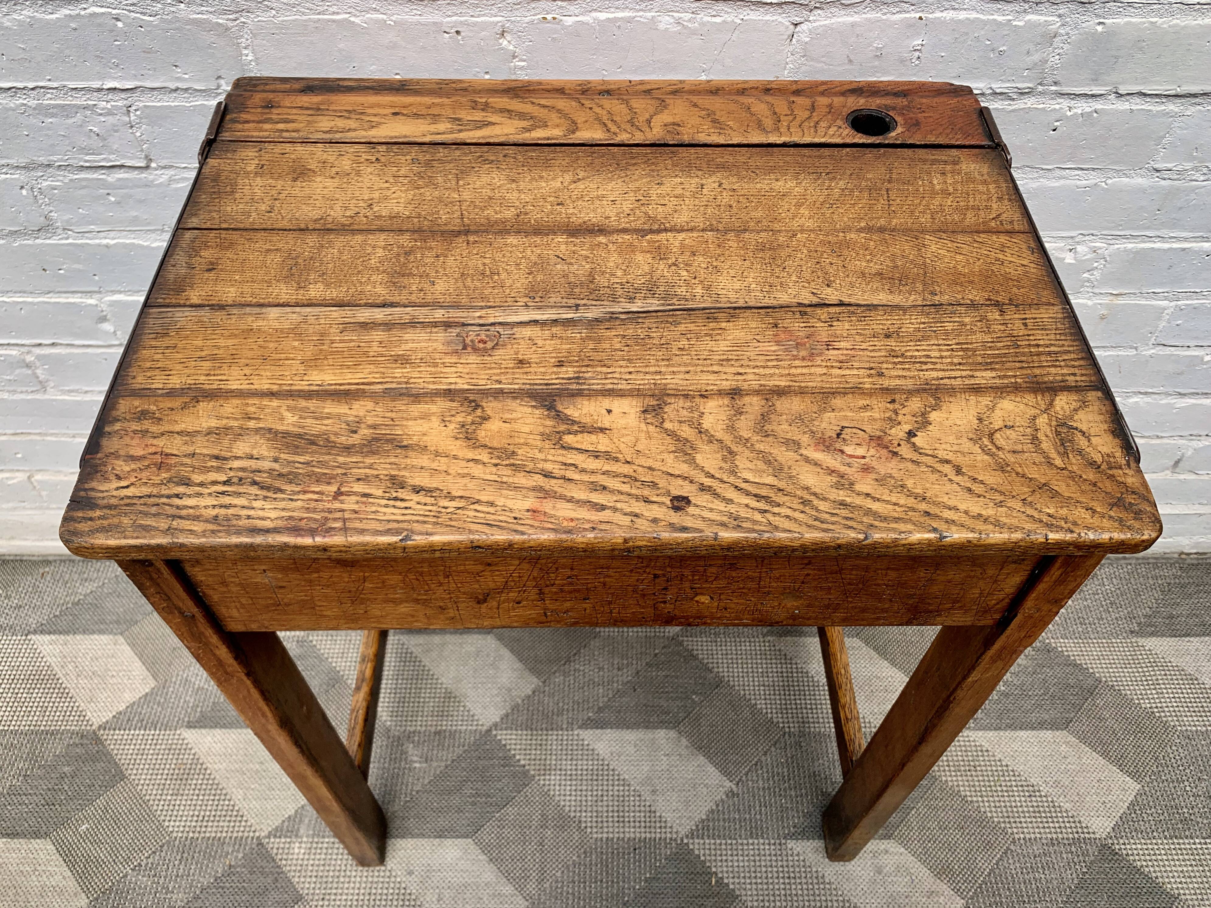 Vintage Wooden School Desk with Storage #D381