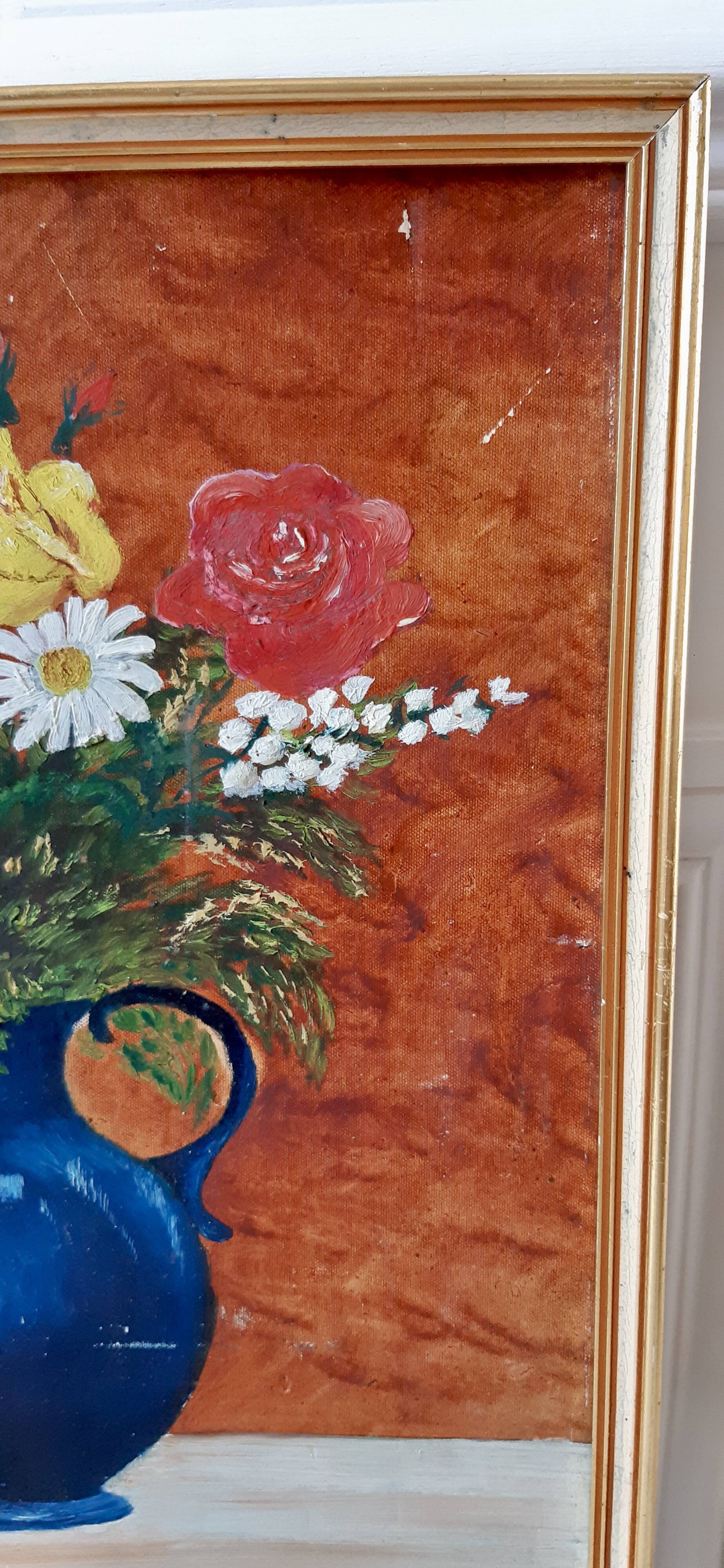 Painting / oil on cardboard framed vintage 50s