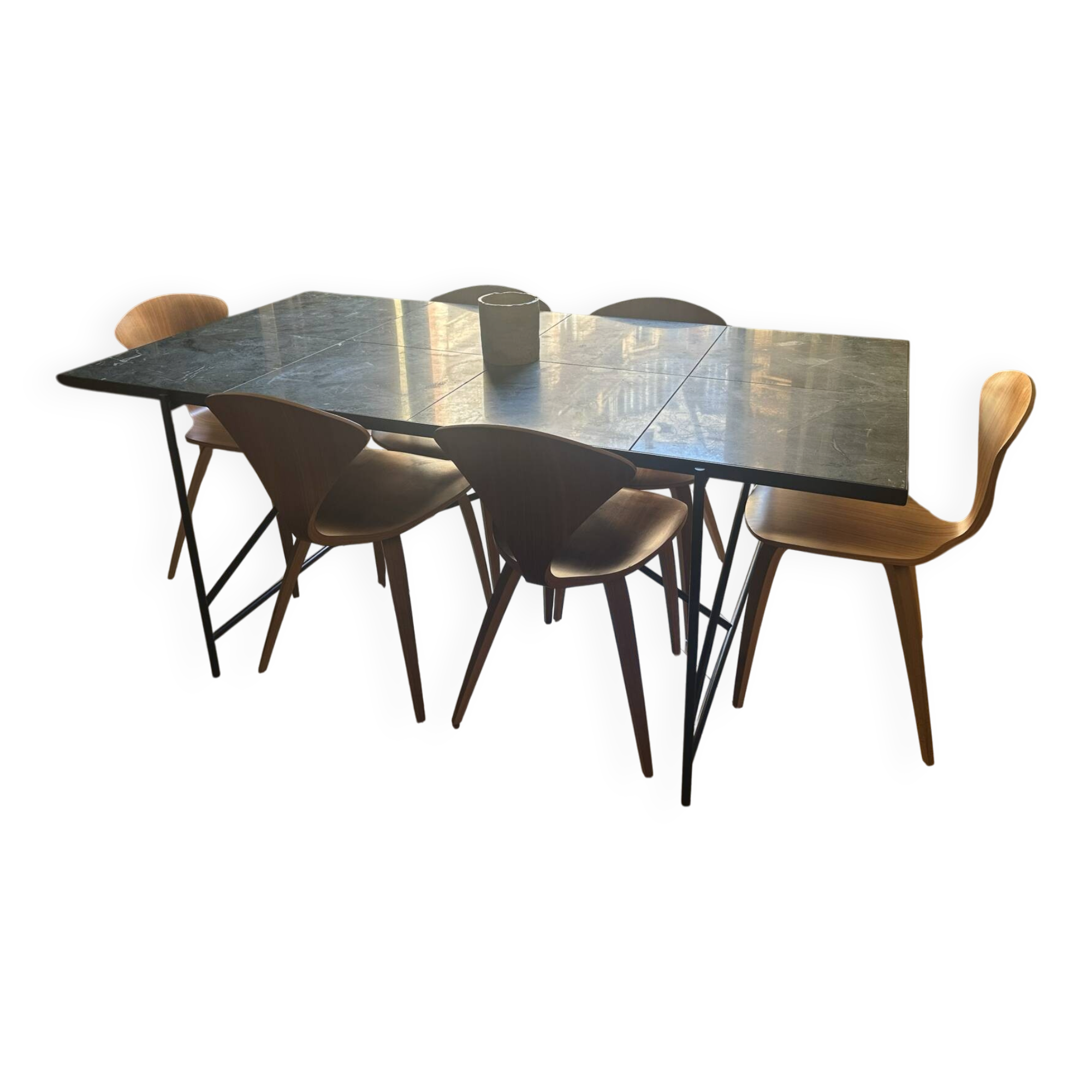 Non-extensible marble green dining table + 6 chairs