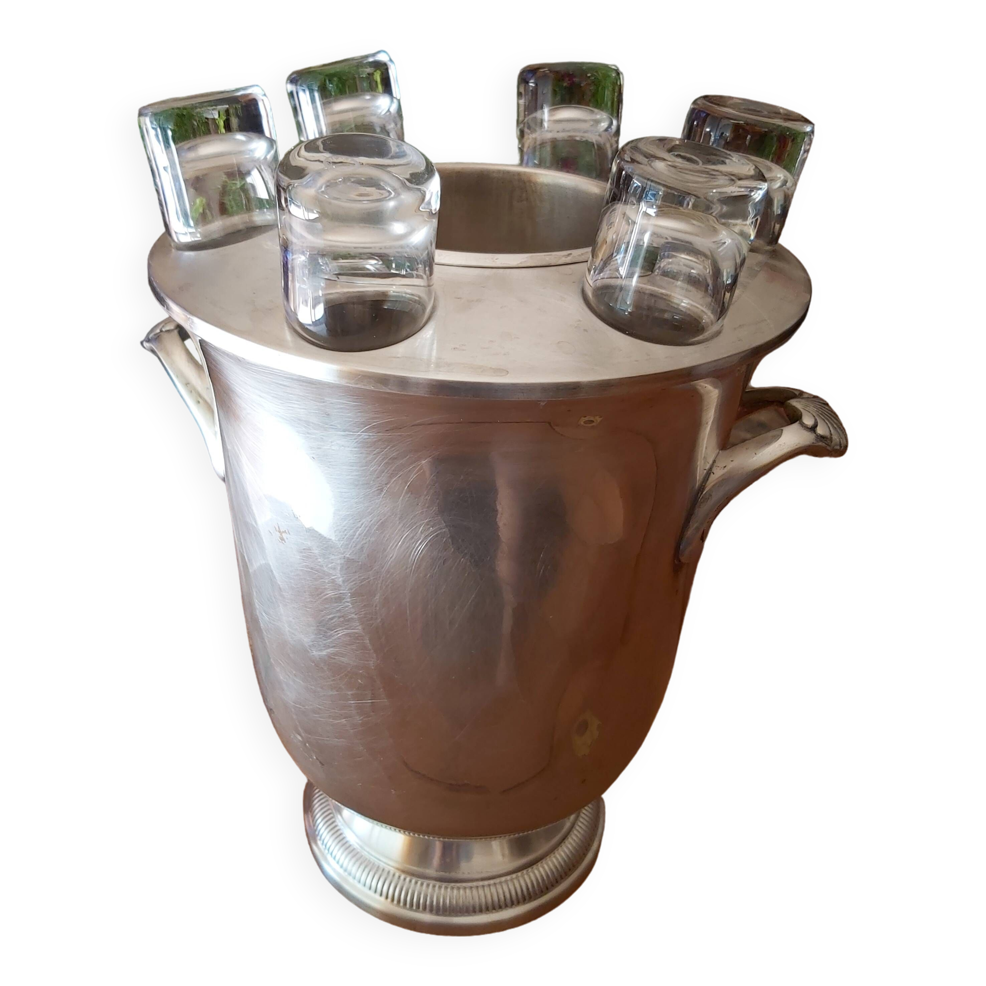 Rafraichisseur de Vodka en métal argenté avec 6 verres en verre soufflé cristal