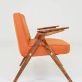 Fauteuil lounge vintage en laine, tissu orange et bois de hêtre